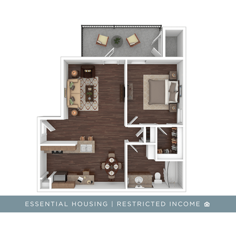 Floor plan for 1 bed, 1 bath, 735 sqft